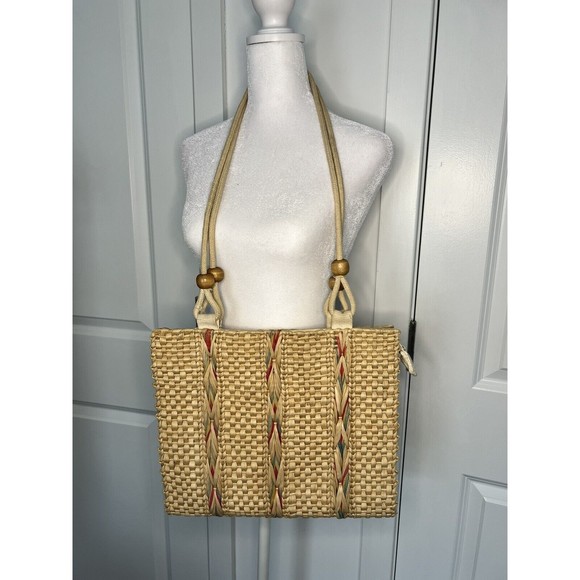VTG Medium Size Beige Woven Straw Wood Bead Braided Rope Handle Tote Handbag - Picture 2 of 9